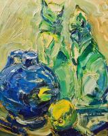 Green Cat Figurines with Blue Vase and Lemons by Bill McCall