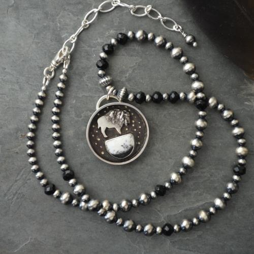 Bison Necklace with White Buffalo Stone and Black Onyx Beads by Artisan Jewelry